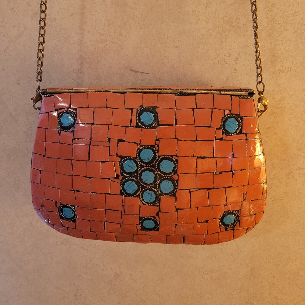 ANTIK KRAFT-iron, clay, and shell Orange and Blue Patterned Women's Bag - Picture 3 of 6